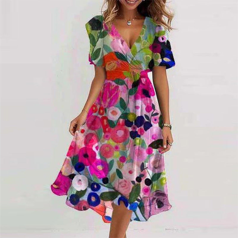 Flowers Printed V-neck Dress Summer A-line Short-sleeved Dresses For Women