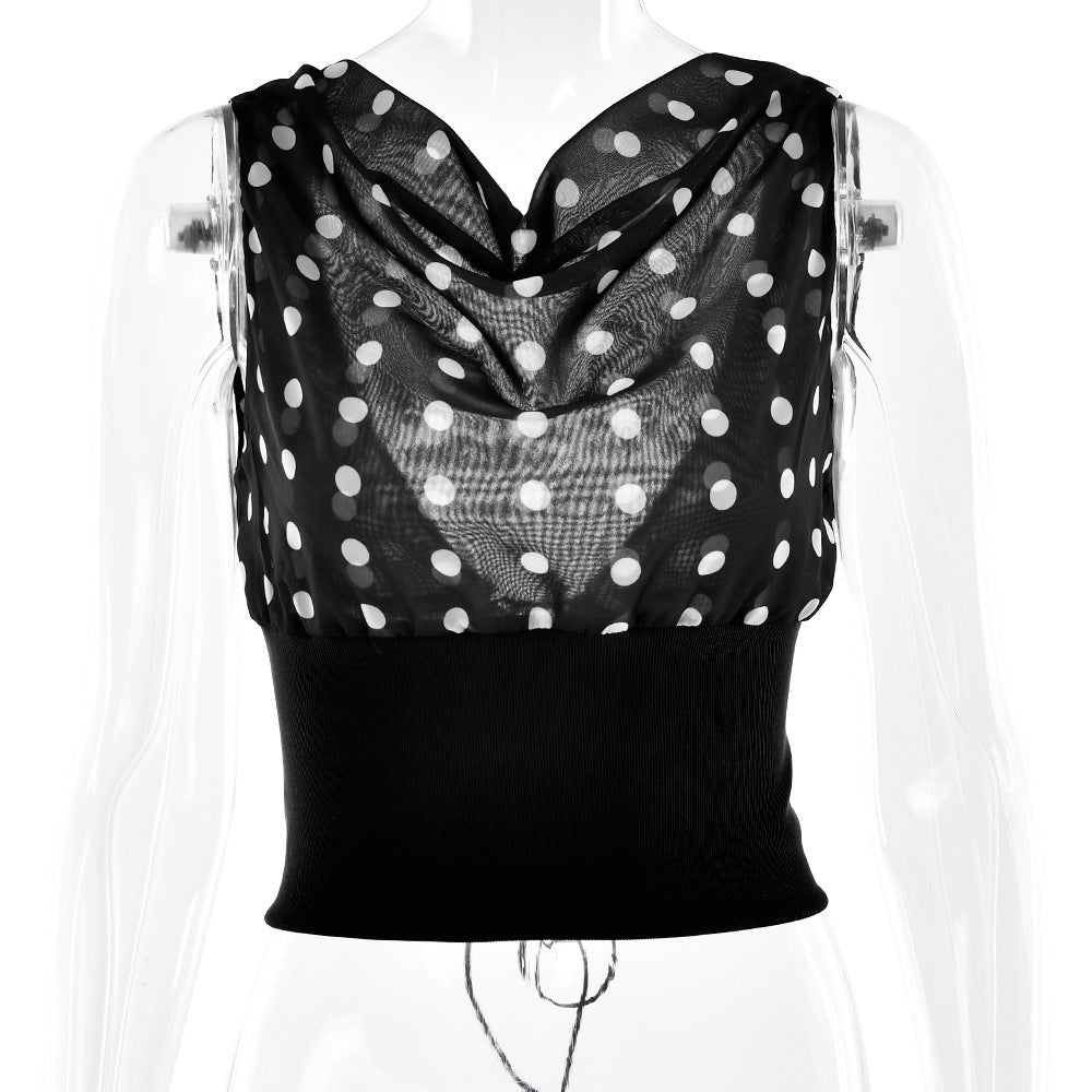Polka Dots Print Oblique Shoulder Tops Summer Patchwork Chiffon Crop Top Women Sexy Sleeveless Lace Up Backless Blouse Casual Streetwear Tee