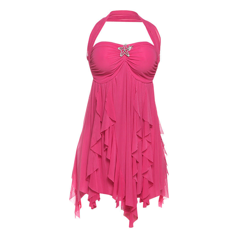 Ins Halter Neck Backless Dress Summer Sexy Printed Irregular Mesh Short Dresses For Evening Party Club Women's Clothing