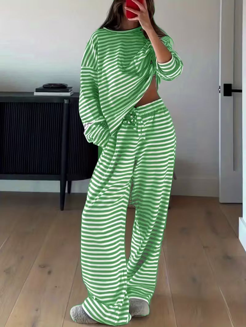 Loose-fitting Striped Long Sleeves Trousers Homewear