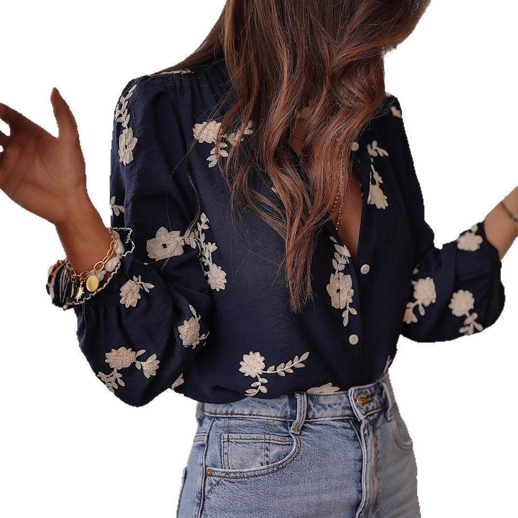 Women's Long-sleeved Western-style Chiffon Blouse With Embroidery