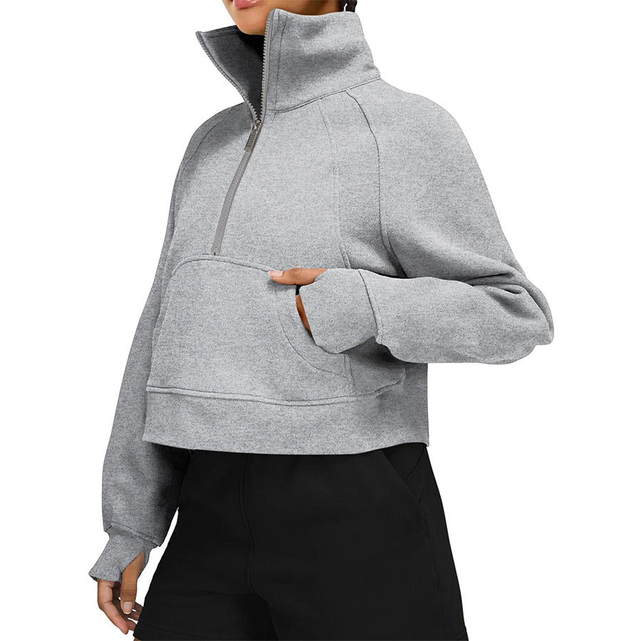 Autumn And Winter Fleece Sweater Half Zipper Coat Stand Collar Pocket European And American Style Women Sweater