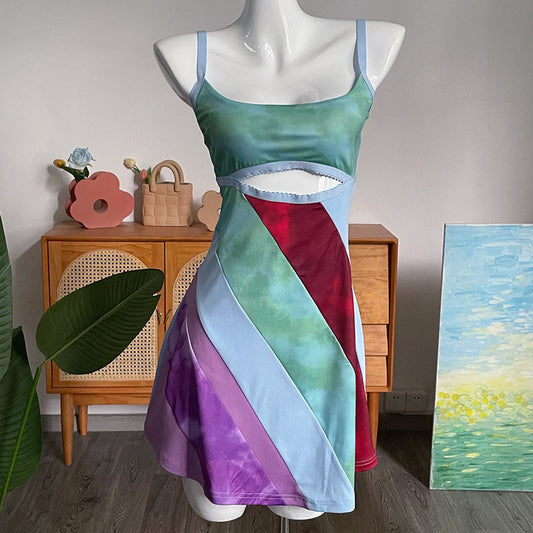 Y2K Aesthetic Patchwork Front Cut Out Stripe Spaghetti Strap Sexy Rave Party Dresses