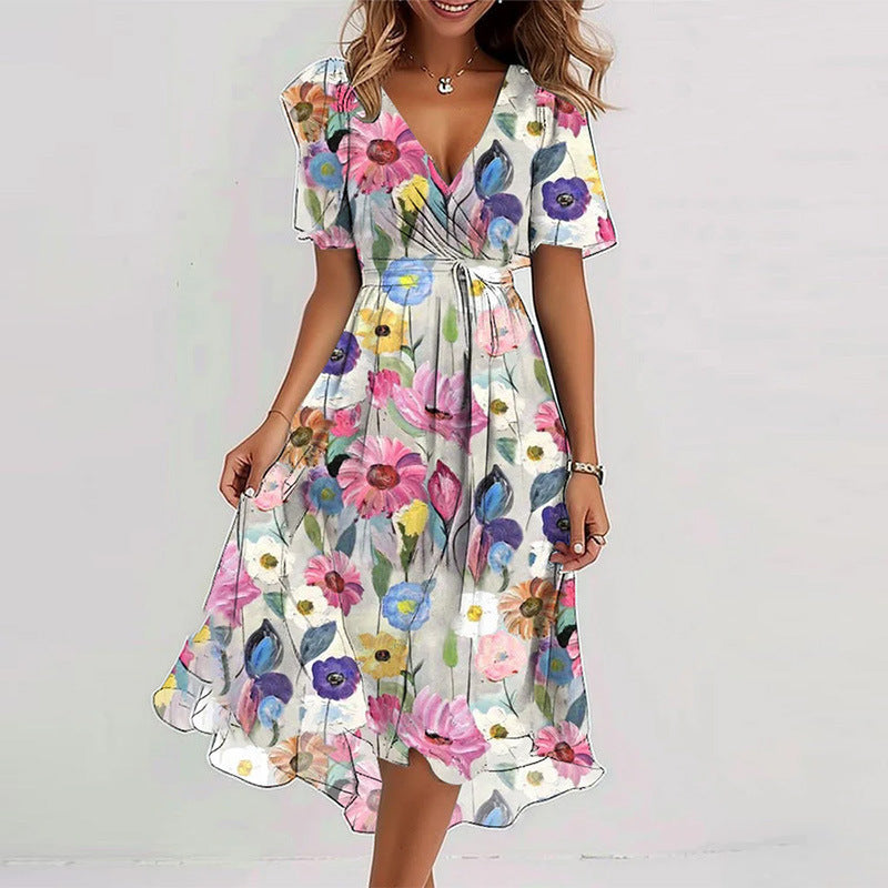 Flowers Printed V-neck Dress Summer A-line Short-sleeved Dresses For Women