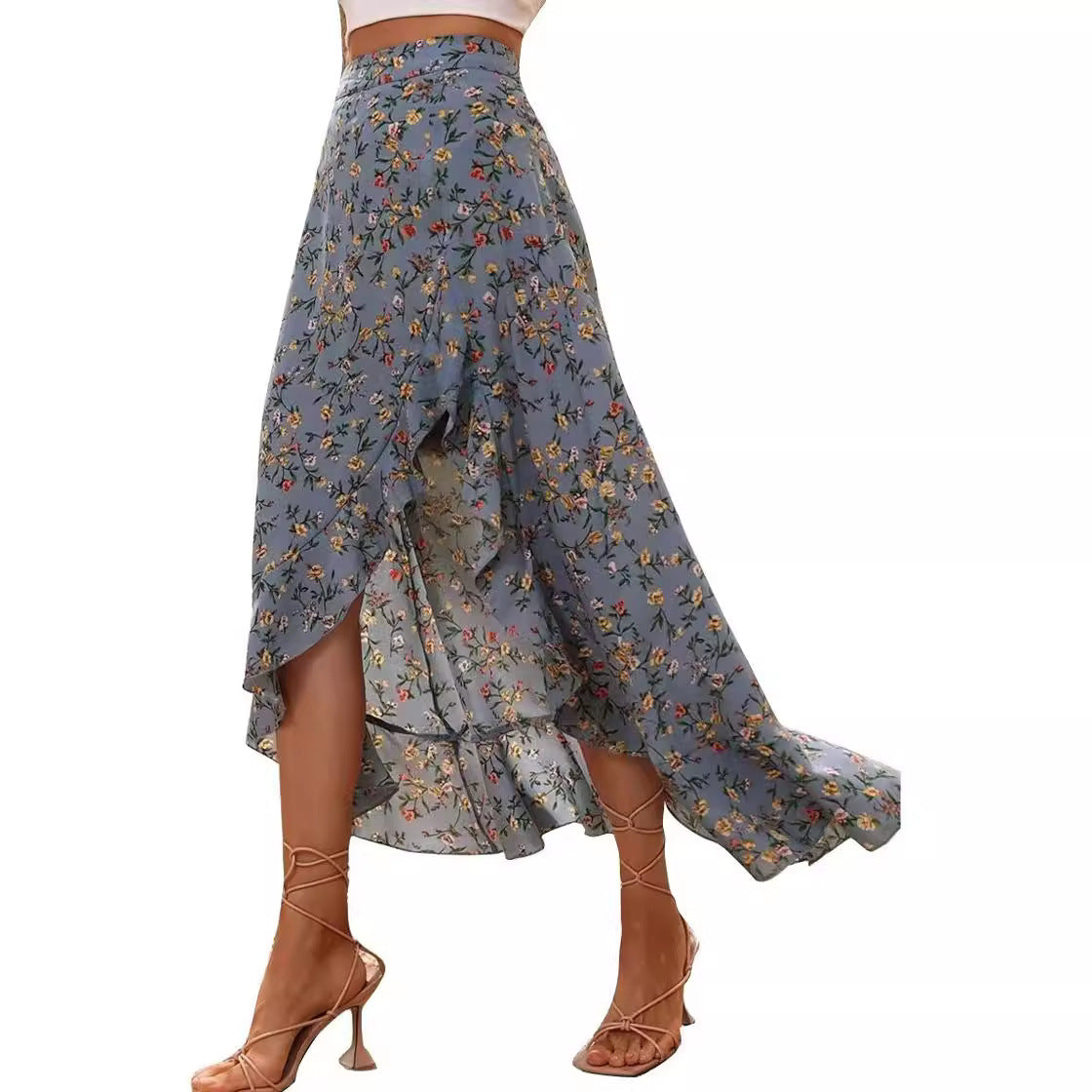 Printed Ruffled Side Slit Skirt