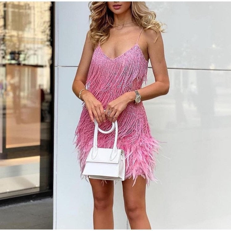 Sexy Tassel Sequins Feather Summer Mini Dress Women V Neck Spaghetti Strap Stitching Dresses Female Elegant Evening Party Club Dress