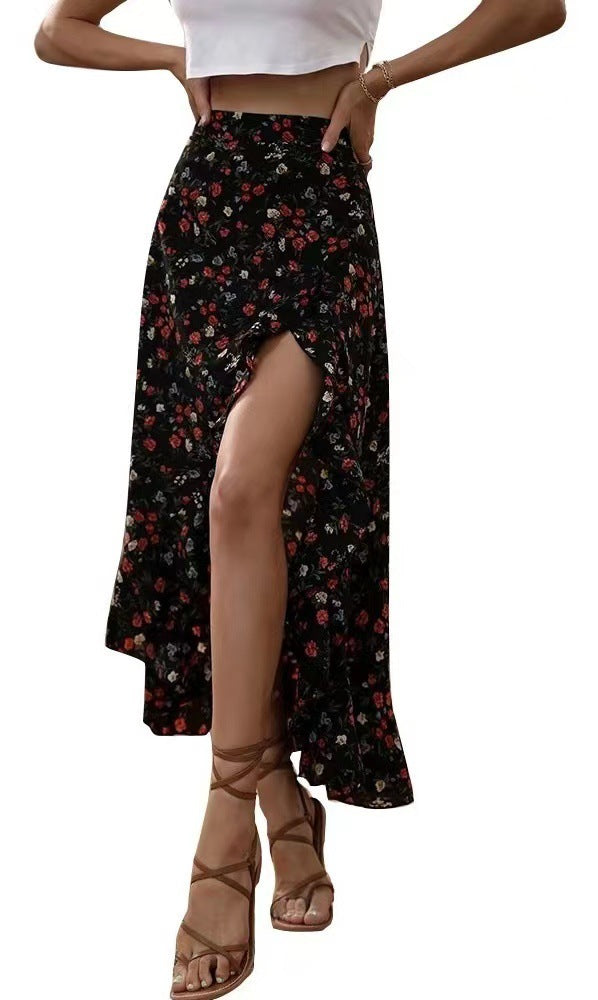 Printed Ruffled Side Slit Skirt