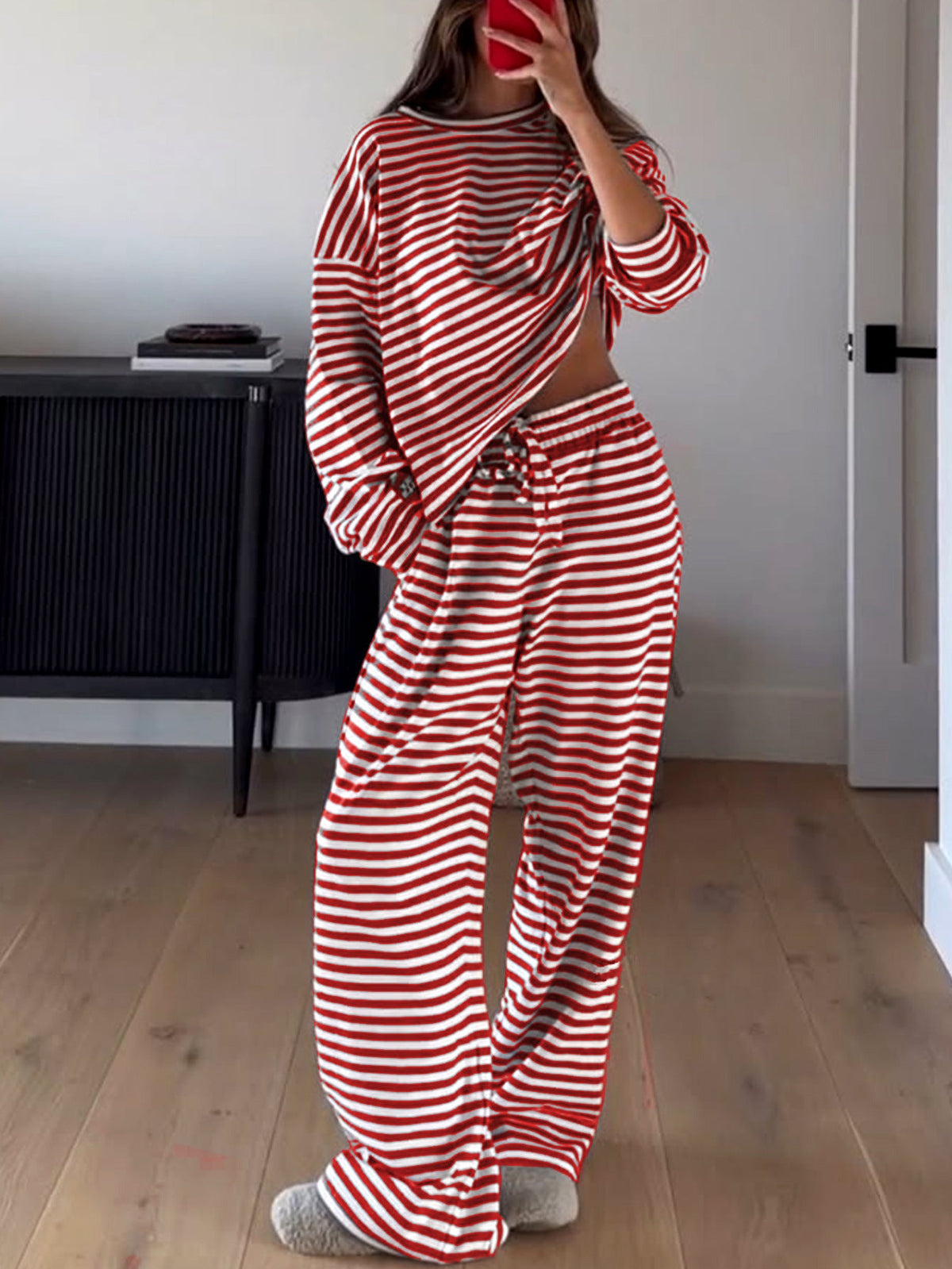 Loose-fitting Striped Long Sleeves Trousers Homewear