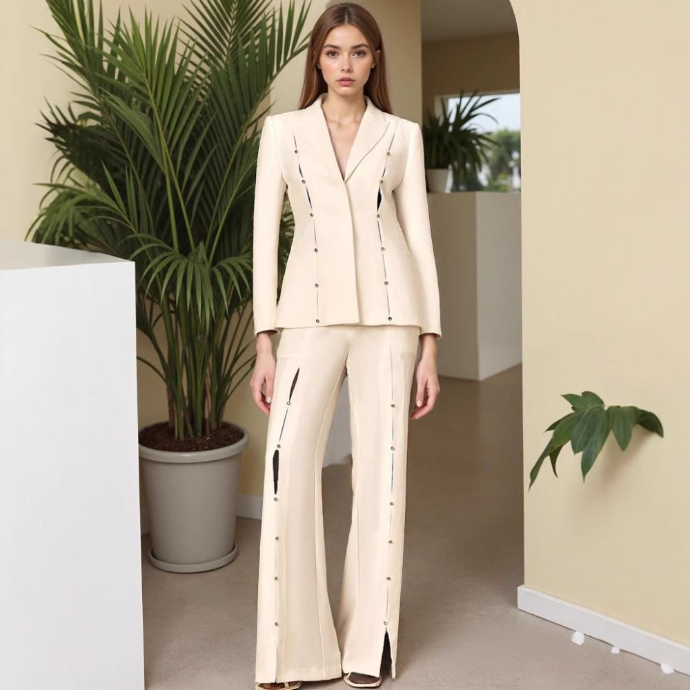 Metal Decorative Strip Embellished Design Trousers Slim Fit Long-sleeve Suit