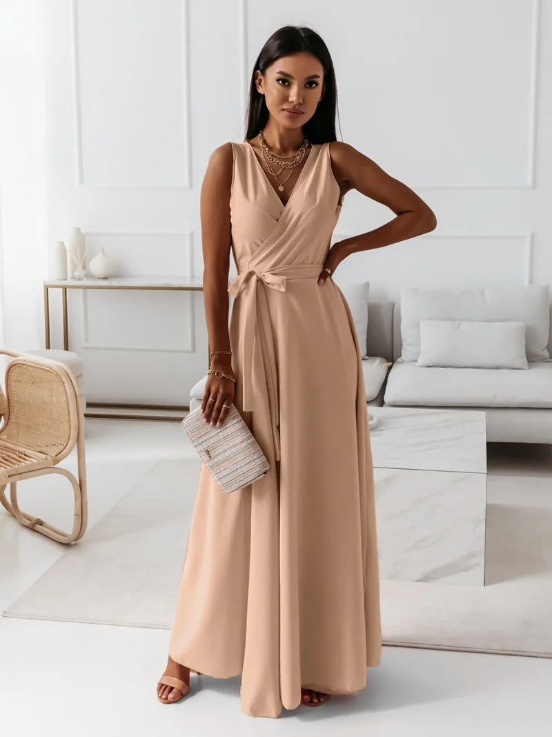 V-neck Sleeveless Dress With Belt Summer Fashion Party Club Evening Maxi Dresses For Women Clothing