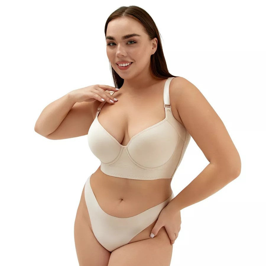 Glossy Surface Without A Scratch Gathered Breast Holding Bra With Steel Ring Deep V Bra