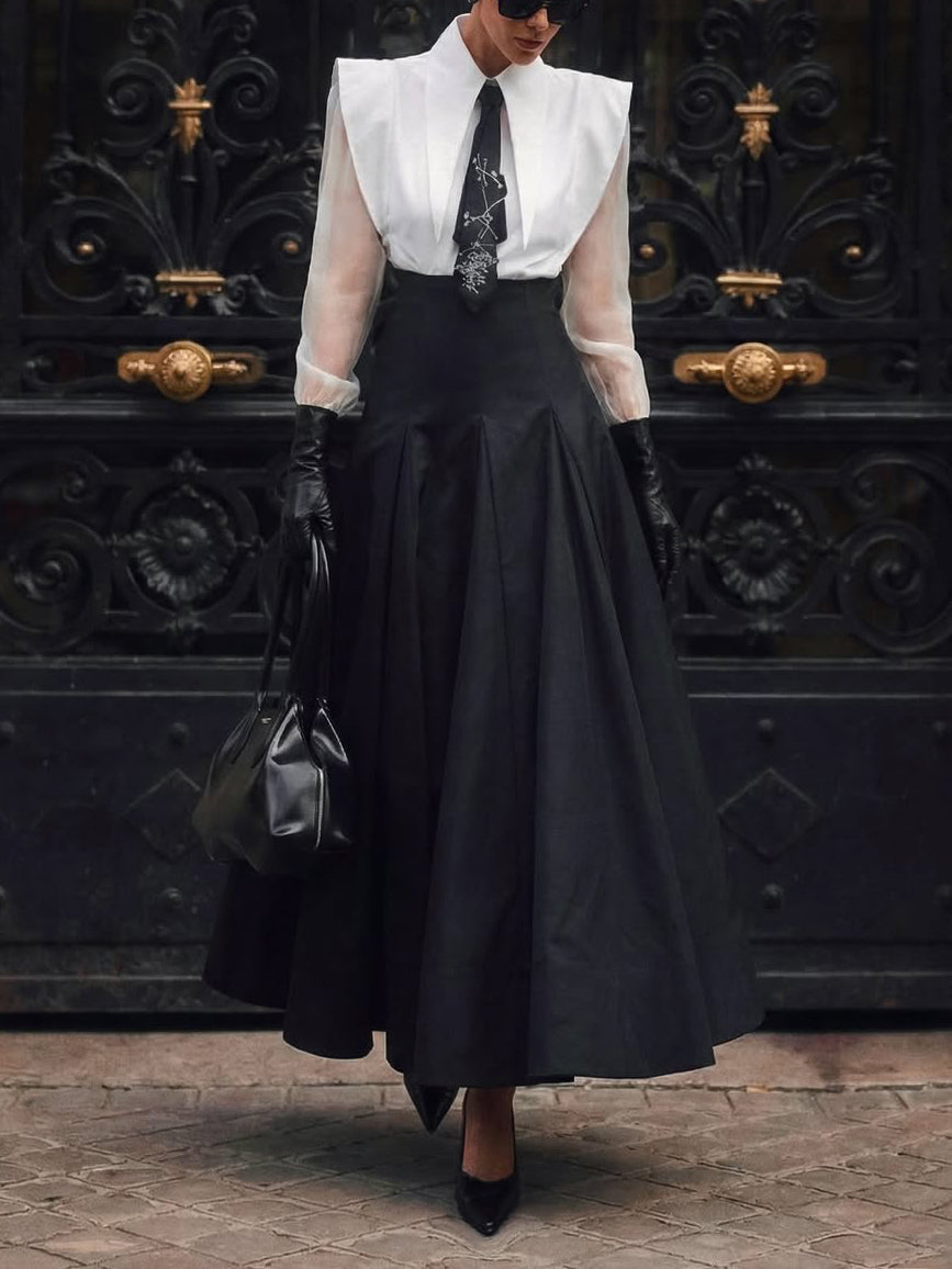 Black & White Oversized Shoulder Shirt & High-Waisted Maxi Skirt Set