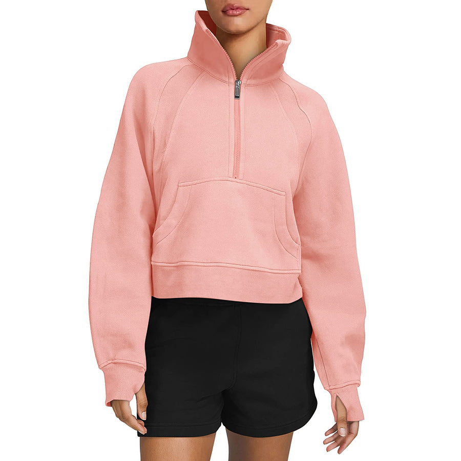 Autumn And Winter Fleece Sweater Half Zipper Coat Stand Collar Pocket European And American Style Women Sweater