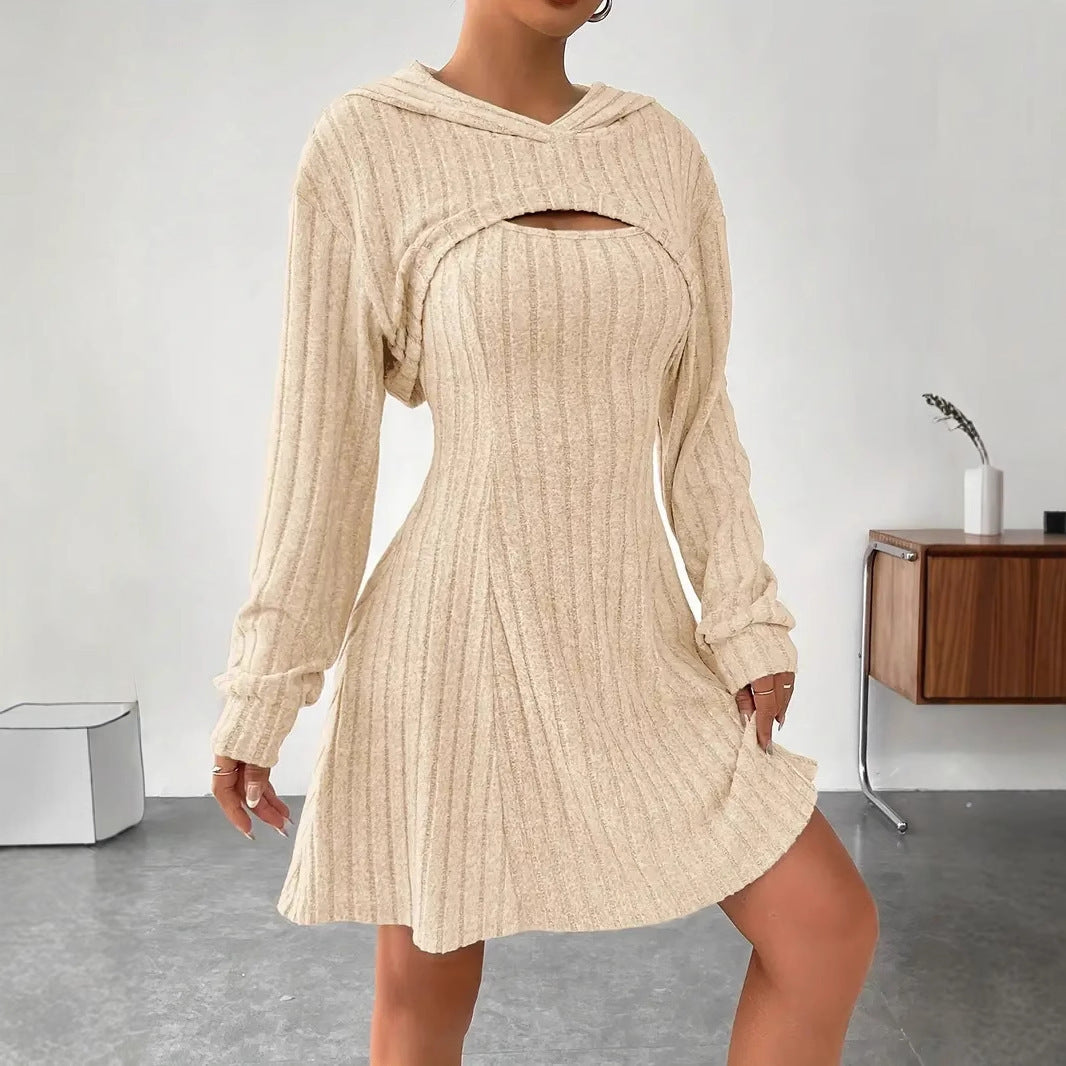 Women's Two-piece Set Dresses New Fashion Fall Winter Hooded Shawl Long-sleeved Vest Short Skirt