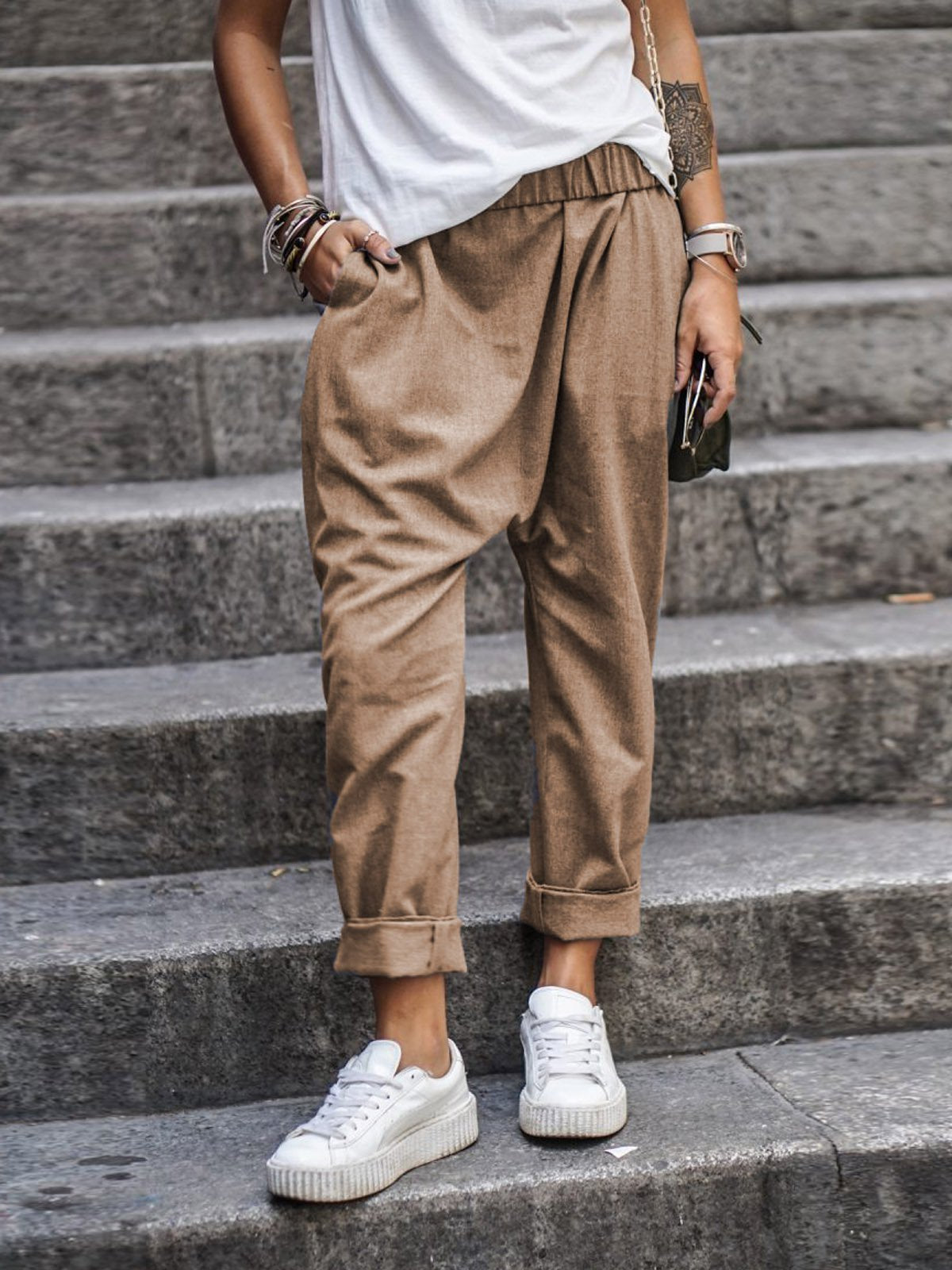 Women's Casual Pants With Pockets Elastic High Waist Harem Trousers Fashion Streetwear Clothing