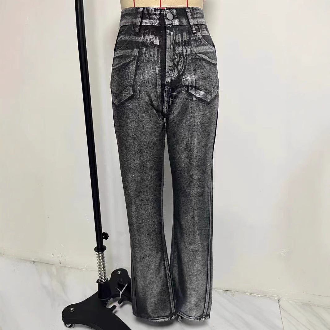 Washed Personality Blue Hot Silver Black Hot Silver High Waist Straight Style Jeans