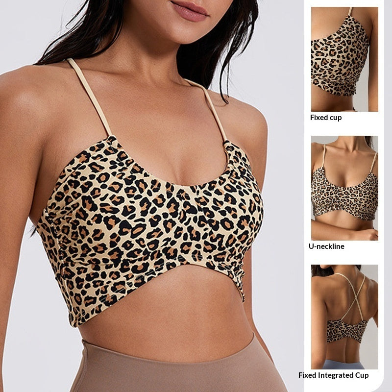 Fixed-style Leopard-print U-neck Sports Bra