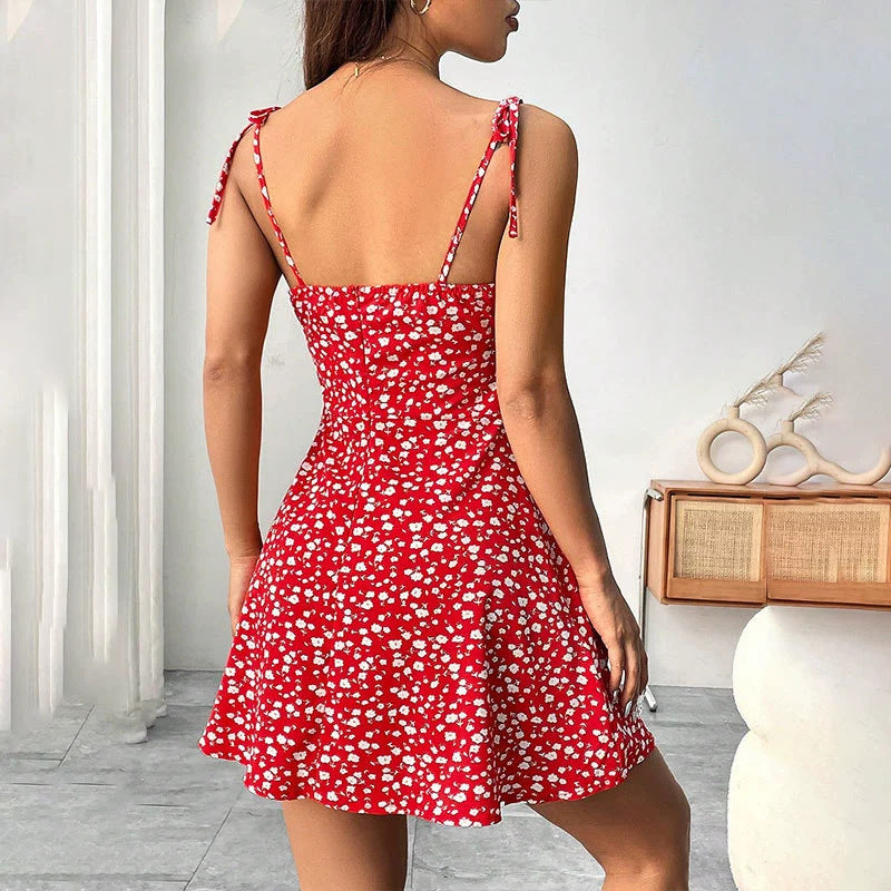 Floral Print Dress Summer Sweet A- Line Waist Trimming Dresses Women's Slimming Casual Clothing