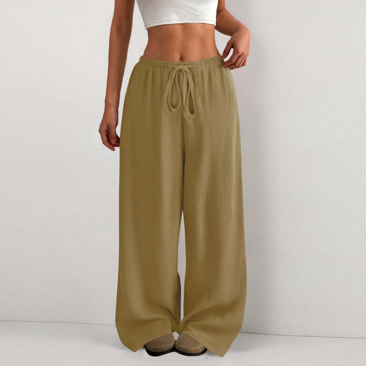 Women's Solid Color Loose Wrinkle Waist Drawstring Wide Leg Casual Trousers