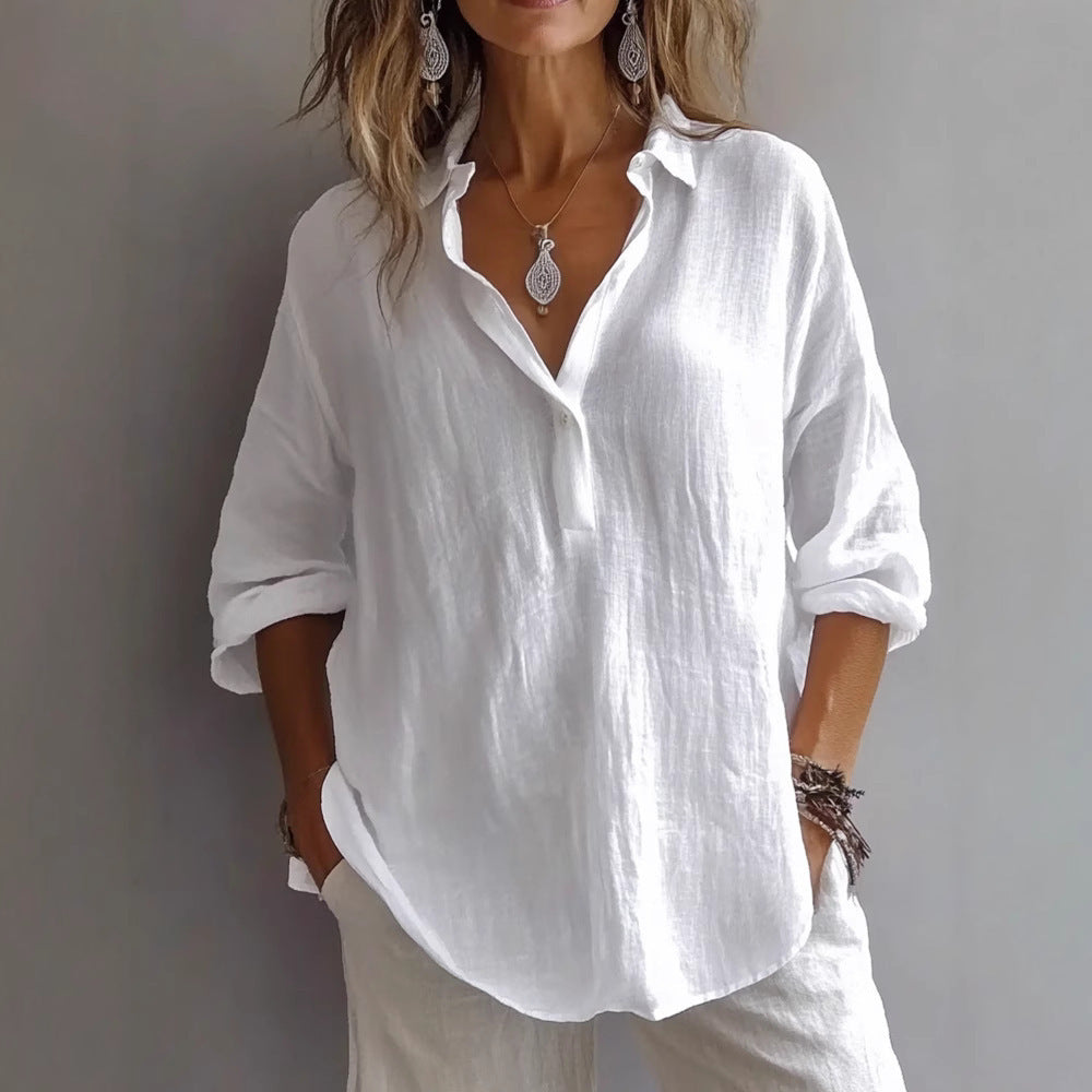 Fashion Long-sleeved Lapel Pullover Shirt Casual Loose Solid Color T-shirt Tops Women's Clothing