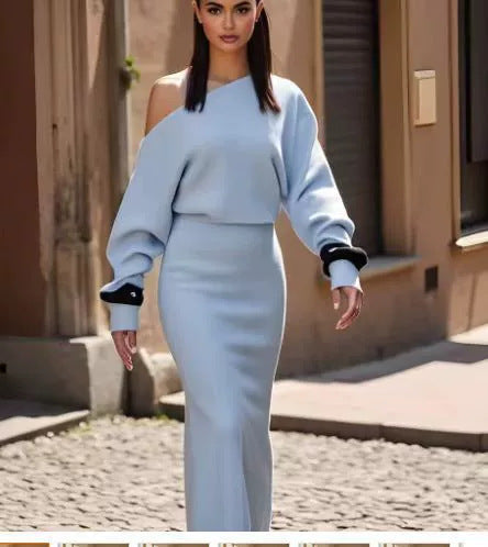 Ins Slim Long Sleeve Knitted Dress Evening Party Sexy Off-shoulder Bodycon Long Dresses