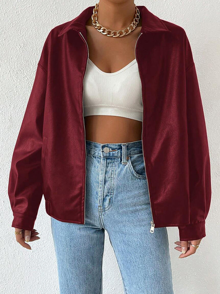 PU Leather Coat Retro Biker's Long Sleeve Zipper Lapel Jacket