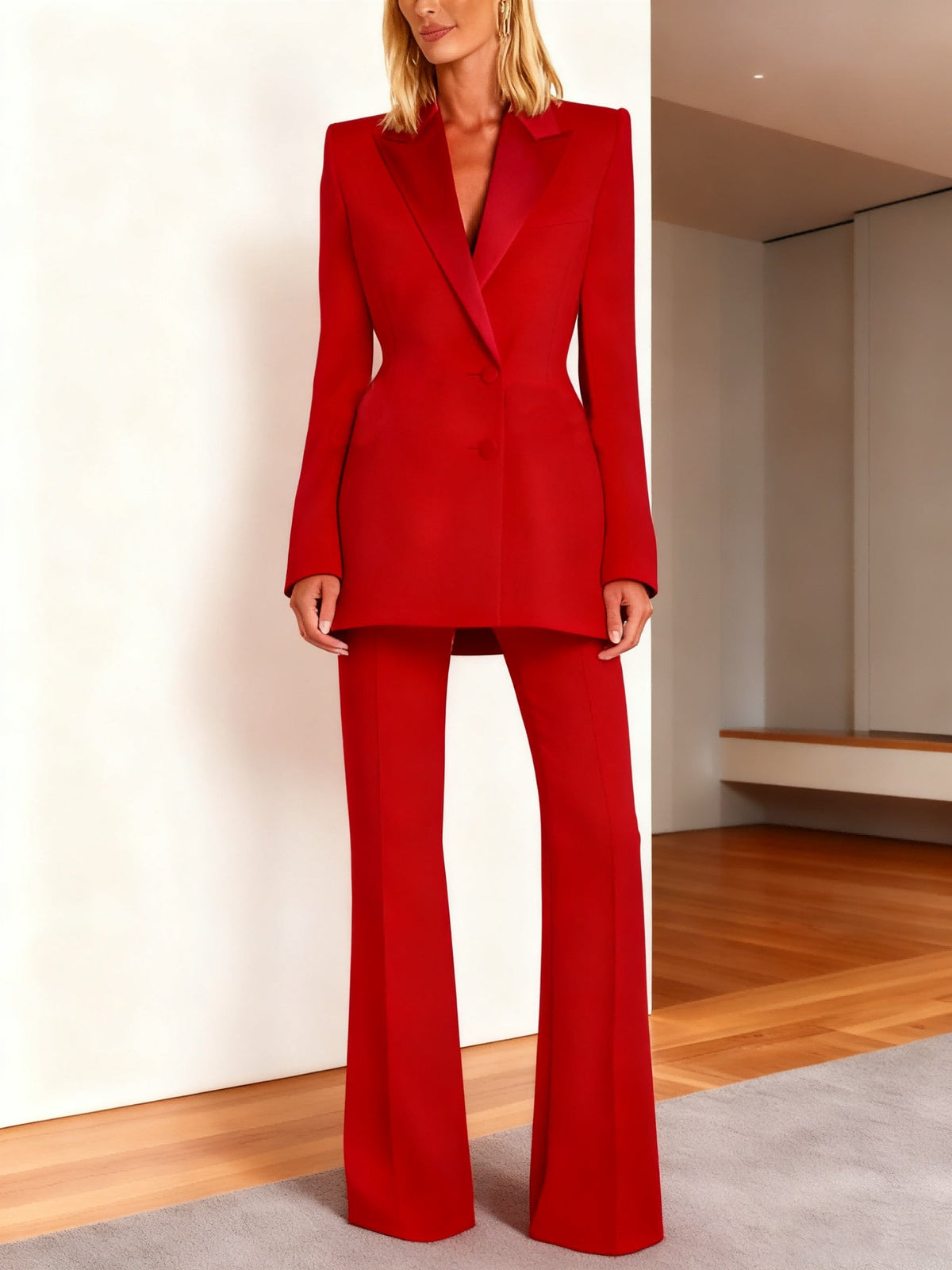 Red Double Breasted Satin Lapel Blazer And Trousers 2-Piece Suit