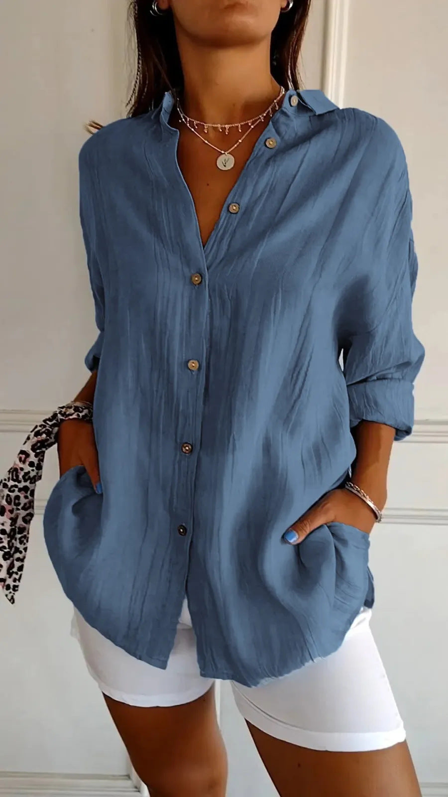 Lapel Long Sleeve Shirt Women's Single-breasted Pleated Shirt Tops Clothing