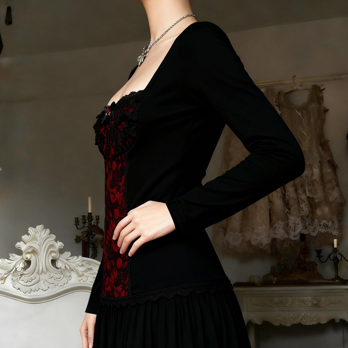 Lace-embellished Long-sleeve Blouse With Ruffled Trim