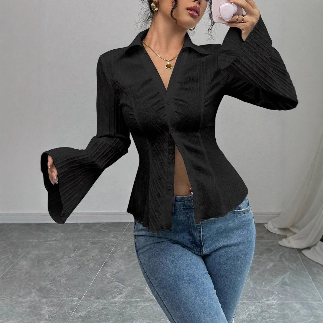 Elegant V-neck Single-breasted Solid-color Striped Blouse For Women