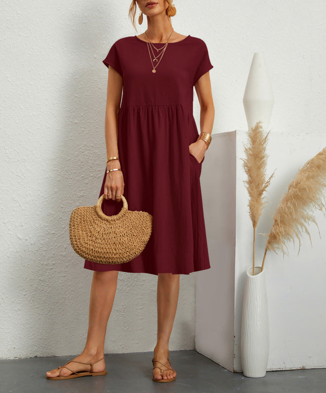 Summer Short-sleeved Dress With Pockets Fashion Solid Round Neck A-line Dresses For Women Clothing