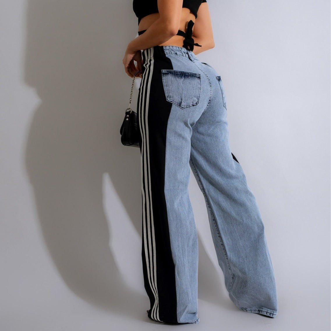 Fashion Casual High Waist Elastic Straight Leg Trousers Three Stripe Patchwork Denim Wide Leg Pants Streetwear
