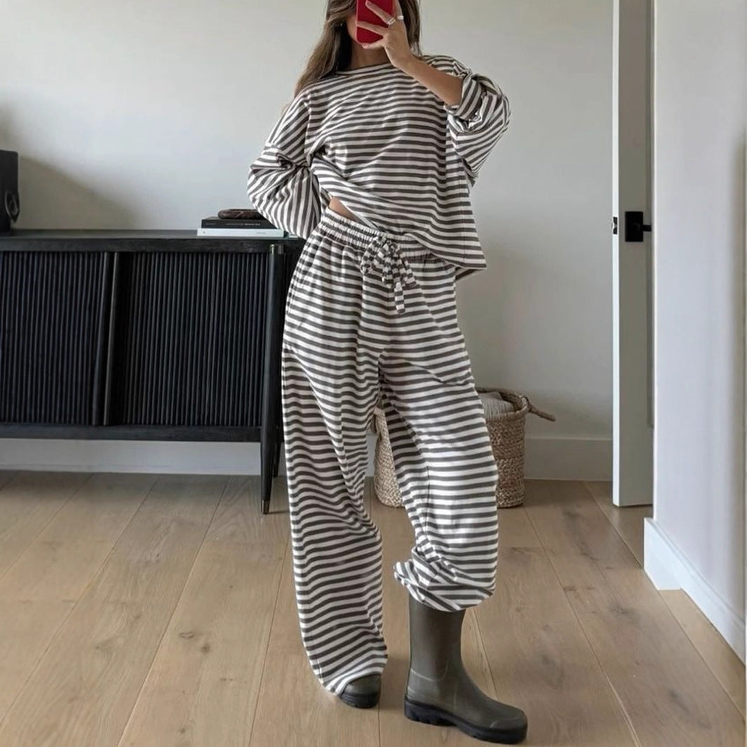 Loose-fitting Striped Long Sleeves Trousers Homewear