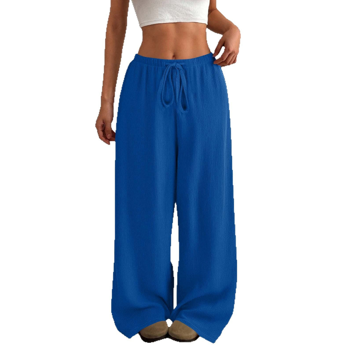 Women's Solid Color Loose Wrinkle Waist Drawstring Wide Leg Casual Trousers
