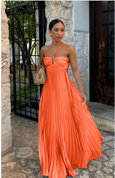 Ins Pleated Sleeveless Sling Dress Hollow High Waist Halter Robe Dresses For Evening Party Club Clothing Women