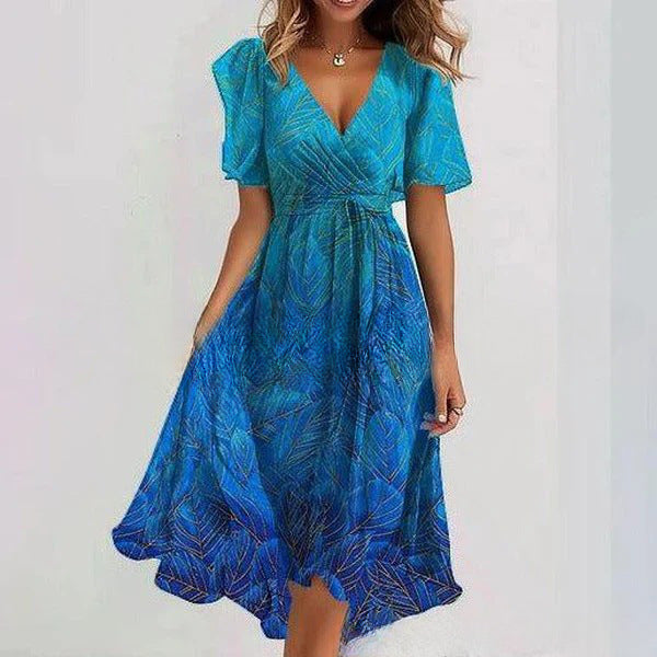 Flowers Printed V-neck Dress Summer A-line Short-sleeved Dresses For Women