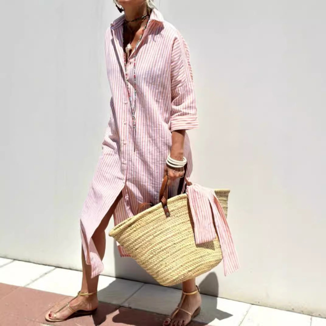 Striped Shirt Dress With Belt Fashion Half-sleeved Lapel Button Cardigan Dresses Women's Clothing