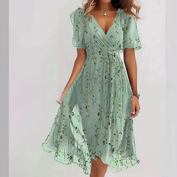 Flowers Printed V-neck Dress Summer A-line Short-sleeved Dresses For Women
