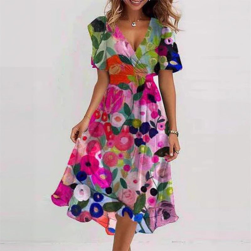 Flowers Printed V-neck Dress Summer A-line Short-sleeved Dresses For Women