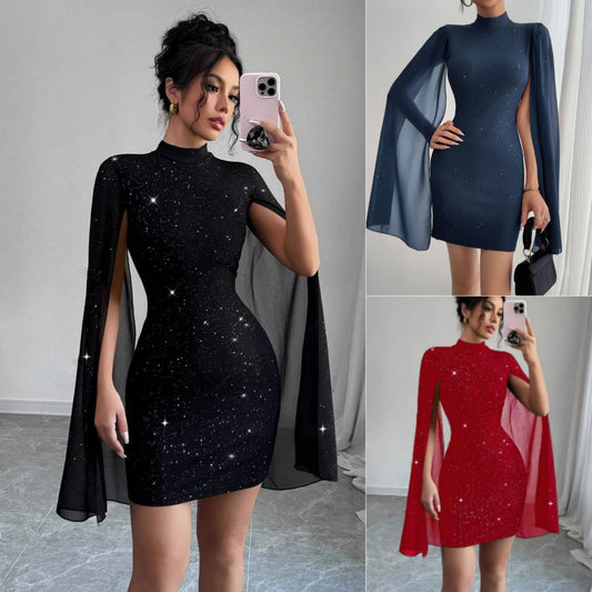 Women's Sexy Elegant Evening Party Dresses Round Neck Pit Stripe Pearl Chiffon Cape Sleeve Wrapped Hip Dress