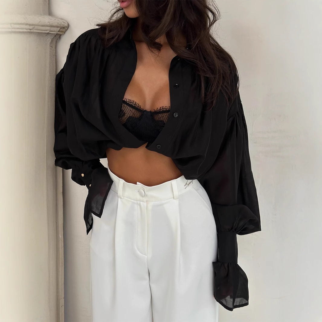 Ins French Lantern Sleeve Shirt Fashion Button Lapel Long Sleeved Tops Casual Women's Clothing