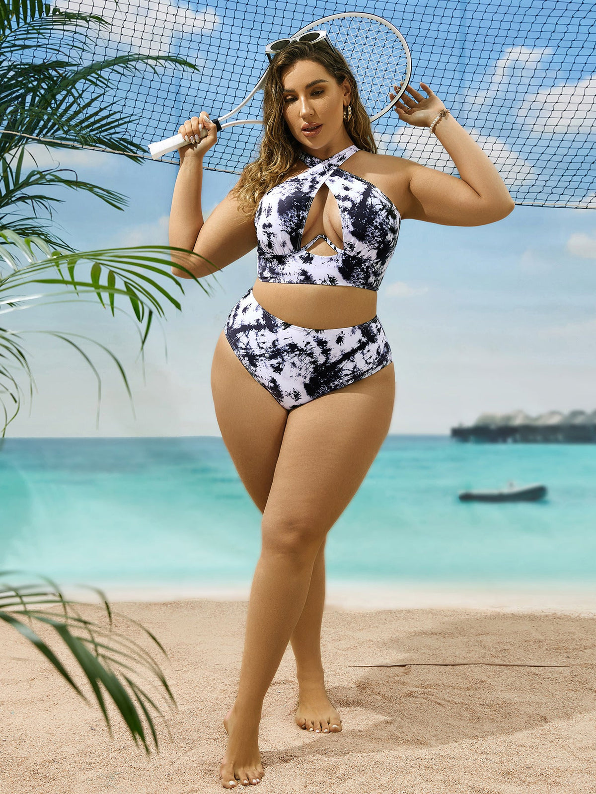Cross Collar Random Printed Bikini Swimsuit Suit