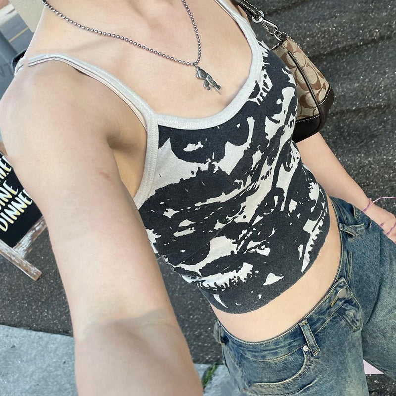 Retro Black Y2K Personalized Print Vest Sling Hot Girl Summer Slim Top
