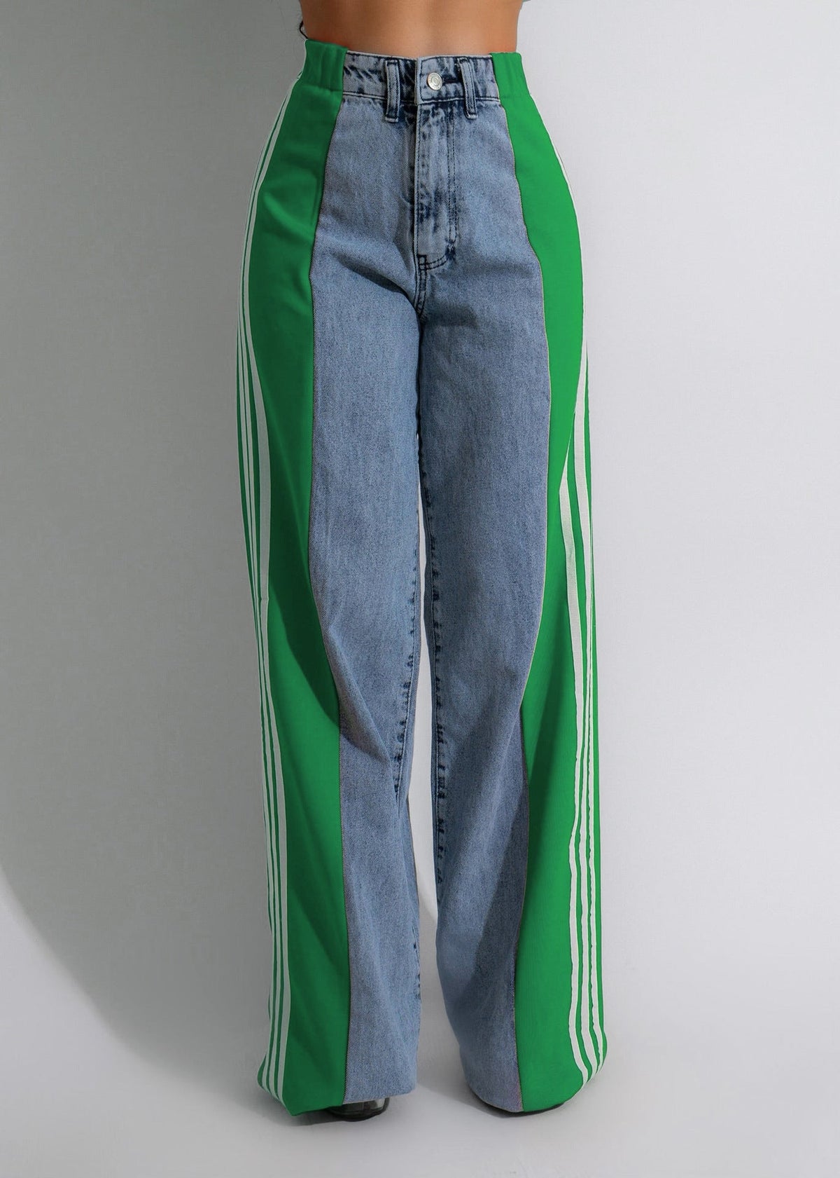 Fashion Casual High Waist Elastic Straight Leg Trousers Three Stripe Patchwork Denim Wide Leg Pants Streetwear