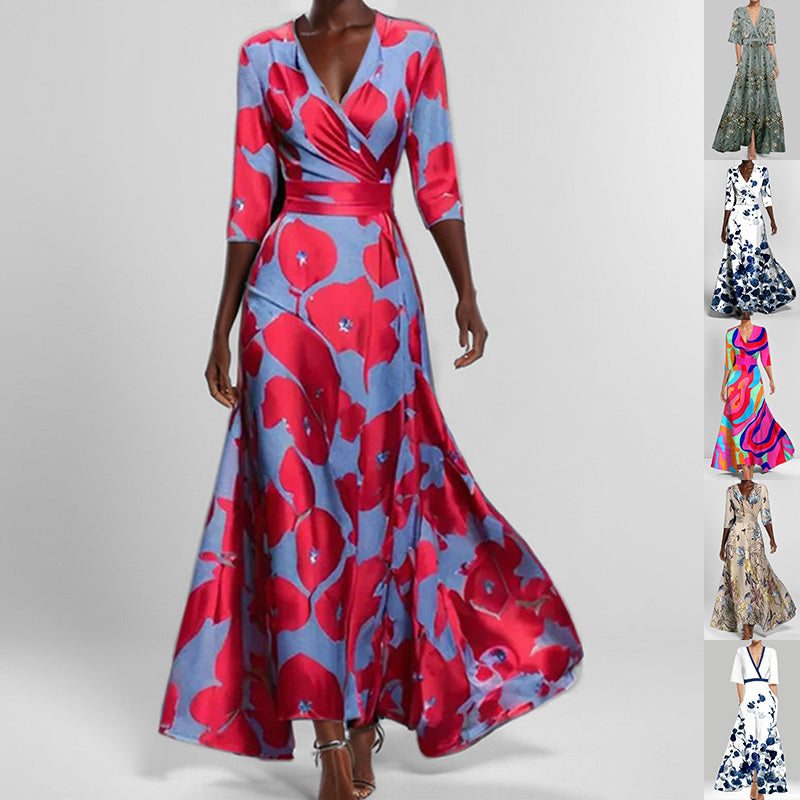 Fashion Print Half-sleeve V-neck Dress Temperament Slim Tight Waist Dresses For Women