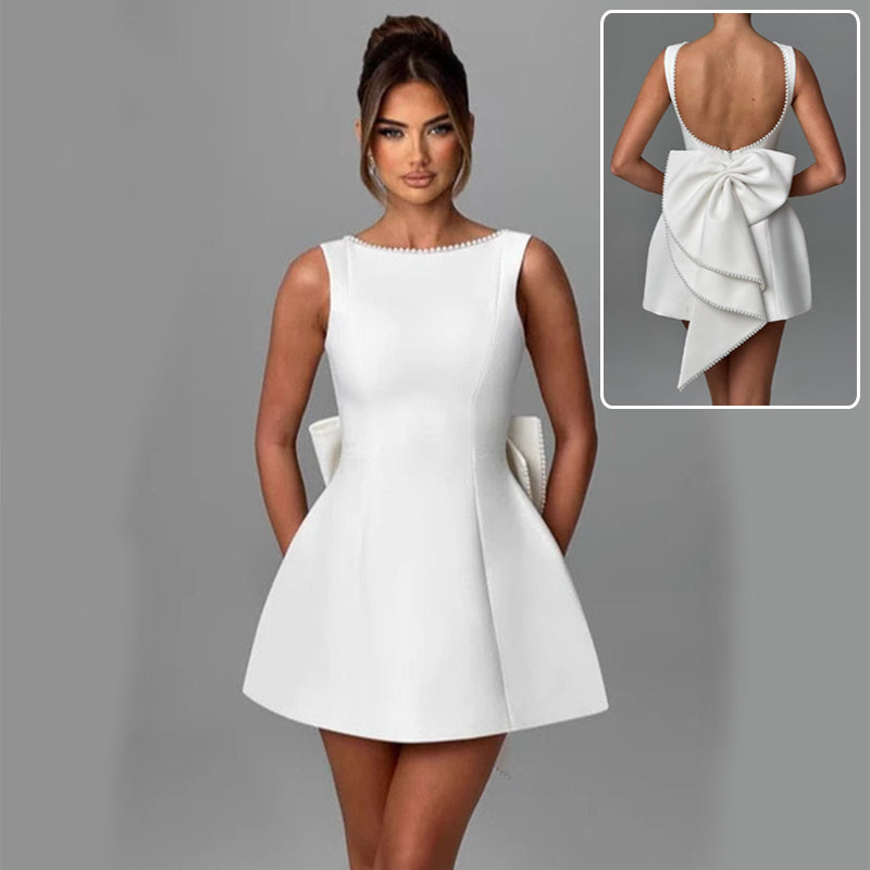 Fashion Big-Bowed Pearls Backless Dress Summer Slim Sleeveless A-line Dresses For Party Evening Women's Clothing