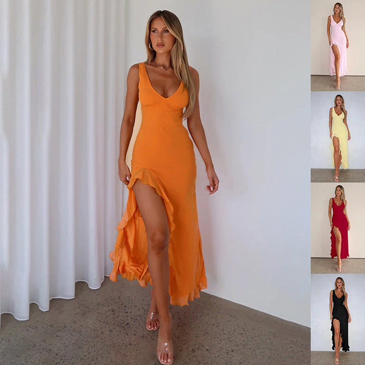 Women's Ruffles Split Suspender Dress Sexy Slim-fit V-neck Evening Party Dresses Clothing